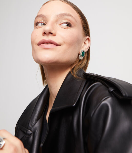 Rectangular-shaped earrings with green crystal, Silver, large